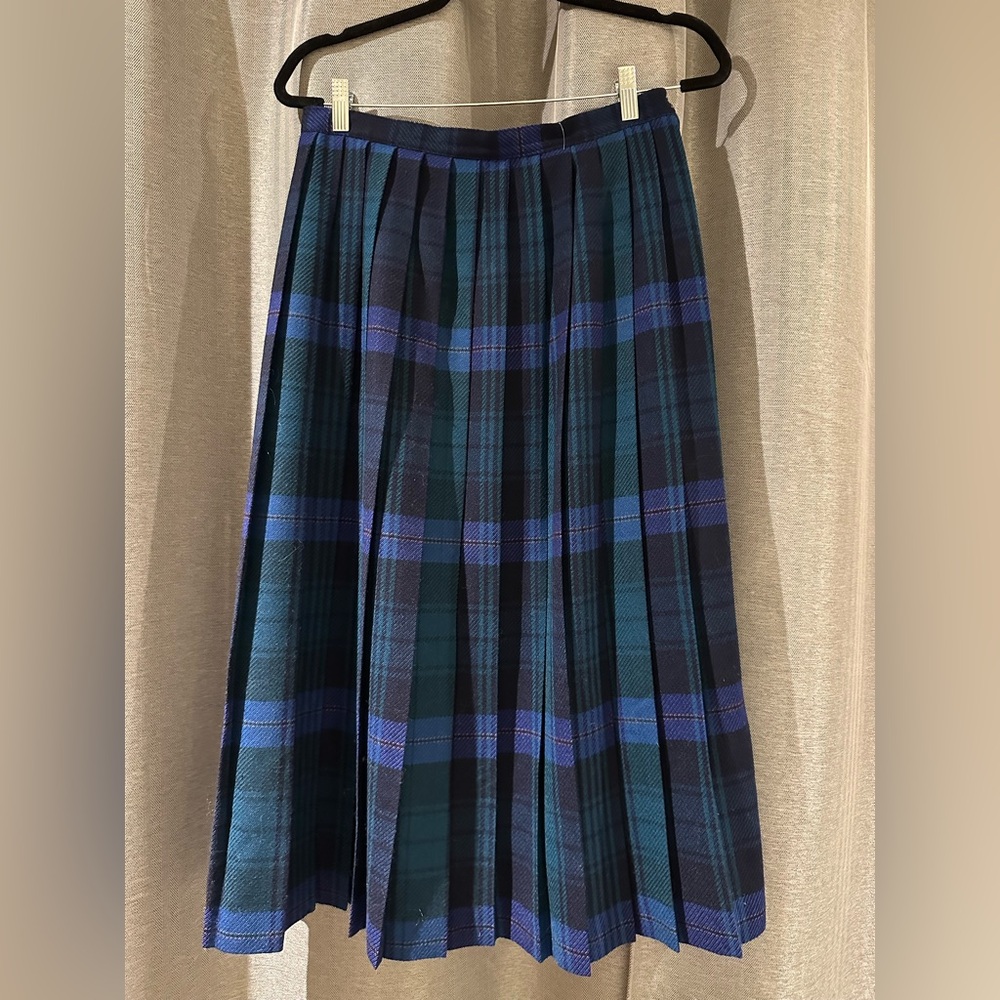 Vintage Pleated Wool Tartan Skirt -in Blue and Green